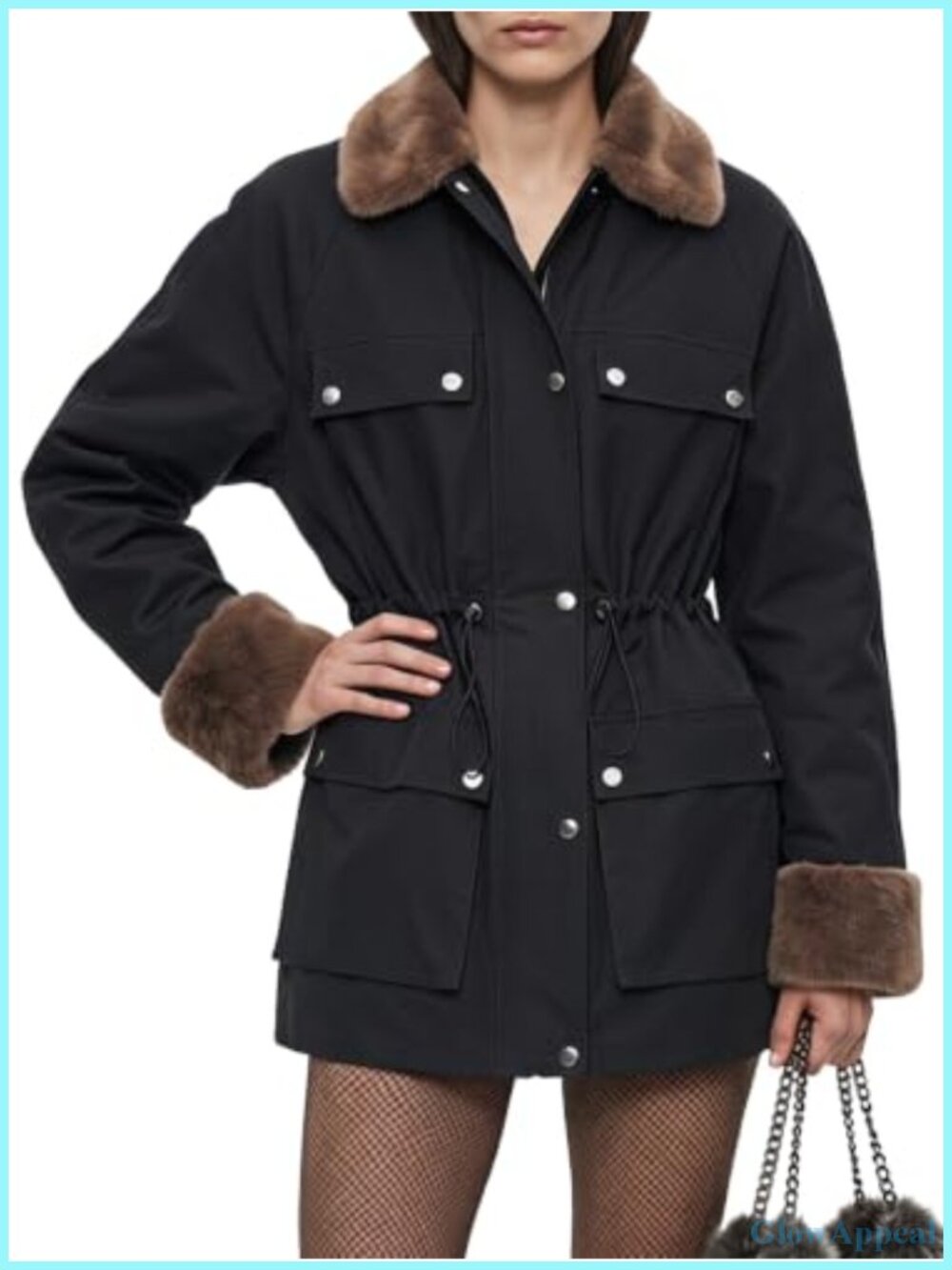 Women's Winter Faux Fur Collar Cuff Jacket Windproof Utility Trench Coat